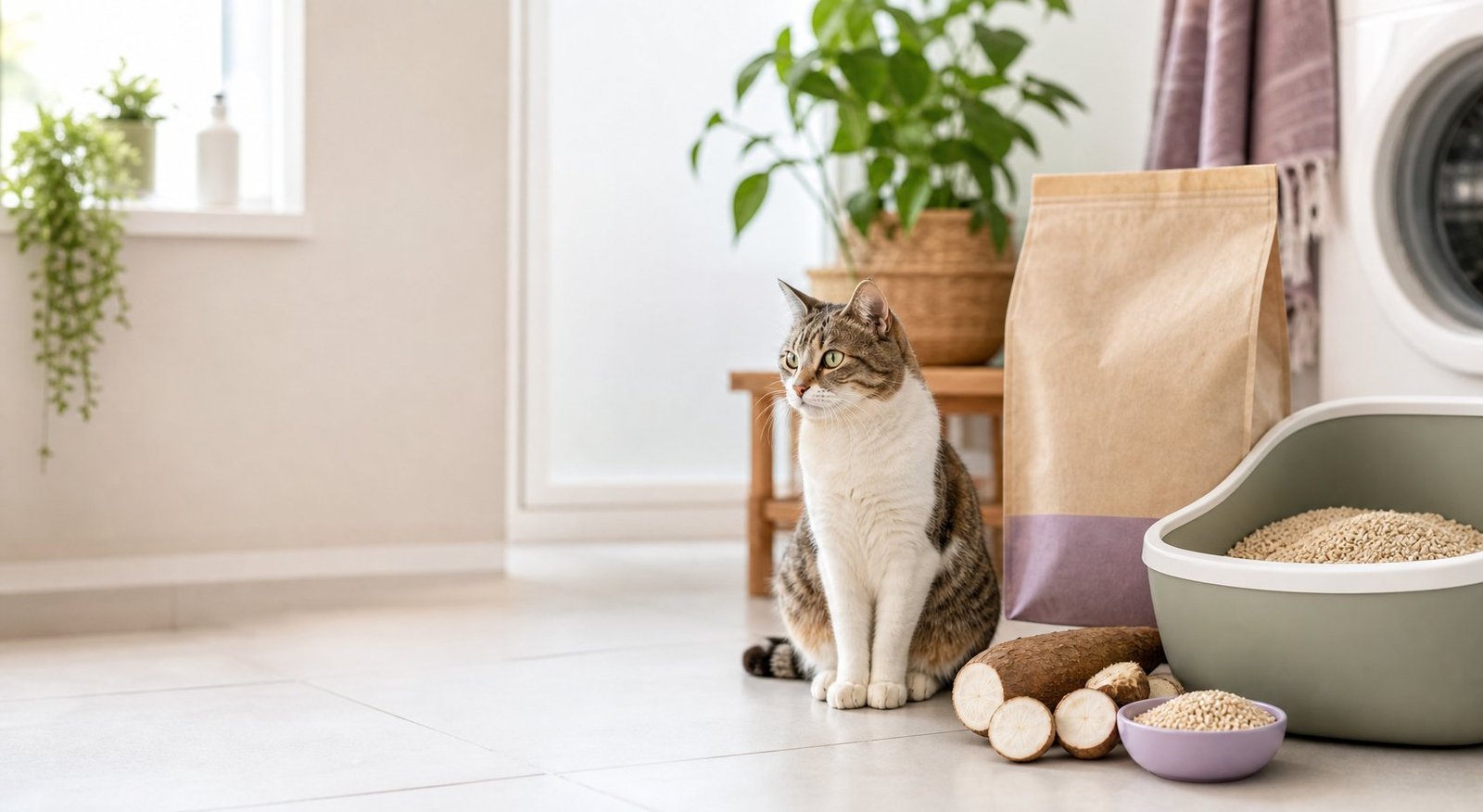 Gato em ambiente claro ao lado de caixa de areia e embalagem de produto pet
